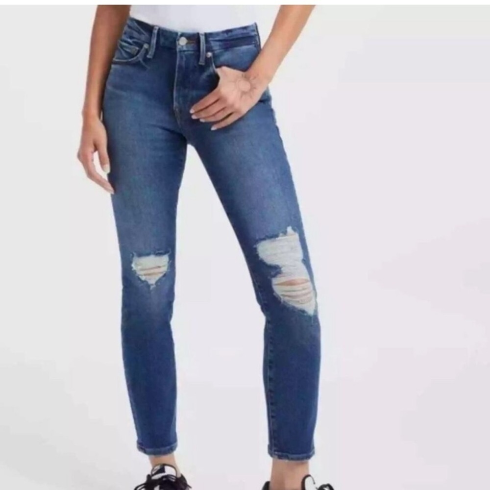 Good American Good Legs Crop Dark Wash Distressed Skinny Jeans Size 15/33